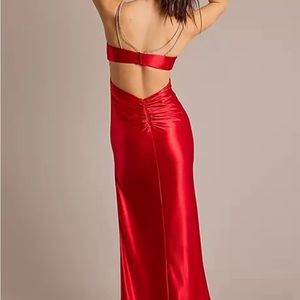 RED SATIN PROM DRESS with crystal straps and slit BRAND NEW NEVER WORN